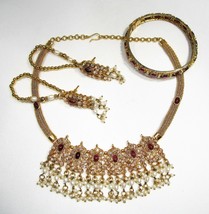 Estate India Gold Plated Garnet Pearl Choker Necklace Earrings Bracelet SetC1912 - £317.74 GBP