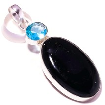 Mid Night Black Onyx, Blue Topaz Gemstone 925 Silver Overlay Handmade Pendant - £9.53 GBP