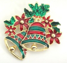 Christmas Brooch Gold Tone Bells Poinsettias Red and Green Enamel Paint - £4.91 GBP