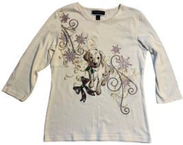 Womens Petite Med Karen Scott Ivory Embroidered Christmas Dog Long Sleev... - £7.85 GBP