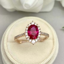 3.20Ct Simulated Ruby Engagement Halo Women&#39;s Ring 14k Rose Gold Plated Silver - £93.94 GBP
