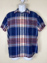 Lucky Brand Men Size L Blue/Pink Plaid Button Neck Popover Shirt Short S... - £5.66 GBP