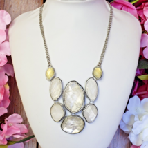 Signed Lucky Brand Oval Clear Quartz Silver Tone Fashion Necklace Statement Bib - £18.63 GBP