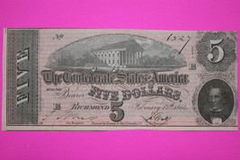 Crisp AU/UNC 1864 Confederate States of America $5 Five Dollars Authenti... - $94.99