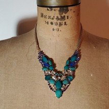 Best of Everything Jewel Necklace Teal Blue Crystal Gold Tone Fashion - £8.75 GBP