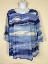 Catherines Womens Plus Size 2X Blue Watercolor Stripes Blouse 3/4 Sleeve - £16.93 GBP