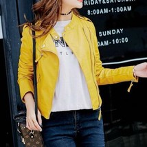 Leather Jacket Real Stylish Modern Yellow  Biker Women&#39;s Genuine Lambskin - £83.28 GBP
