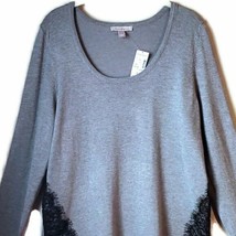 Roz &amp; Ali Fall Classic Gray Sweater w/Black Eyelash Lace Trim Pullover Top L NWT - £20.91 GBP