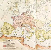 1929 Map Europe In The Time Of Charlemagne AD 814 Cordova Austrasia DWY11 - $554.45 MXN