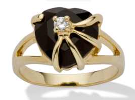 Heart Shaped Onyx Cz Accent Gp Ring 14K Gold Sterling Silver 6 7 8 9 10 - £94.16 GBP