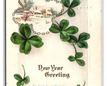 New Year Greeting Four Leaf Clover Winter Landscape Embossed DB Postcard... - $2.92