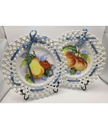 2 Lefton Lattice Lace Edged Fruit Plates Hand Painted 8” 1950s Hanging R... - $27.37