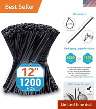 12 Inch Black Cable Ties - 1200 Pack, Heavy Duty with 50lb Tensile Strength - $39.00