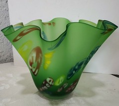 Milleflori / Green Frosted Handkerchief Glass Vase Handblown  9 × 12 &quot; - £142.00 GBP