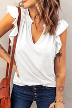 White Casual Solid V Neck Butterfly Sleeve Tee, Womens Shirt, Women&#39;s Bl... - £19.67 GBP