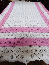 VTG Handmade Crochet White Square tiles Pink Accent Bedspread Coverlet 64&quot;x 75&quot; - £141.65 GBP