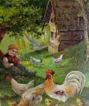Easter Postcard Roosters Boy In Farmland Gel Germany Vintage PBF Series 9777 - £7.07 GBP