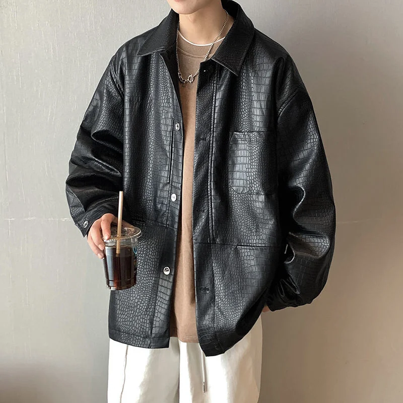 Hybskr New Black Leather Men Jackets Korean Streetwear Casual Man Outerwear Coat - £142.38 GBP