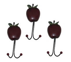 Apple Coat Hooks Lot Of 3 Wooden Double Arm Hook Farmhouse 9.5&quot; Red Real... - $23.76