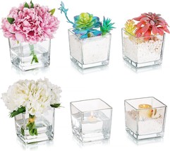 Square Glass Vases Set Of 6 - Hewory 5&quot;X5&quot; Clear Cube Flower Vase Candle Holders - £46.15 GBP