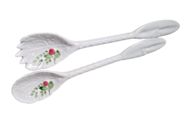 Vintage Set 2 Ceramic White Flower Salad Fork Spoon Crab Claw Tongs Stir - £12.89 GBP