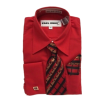 Karl Knox Boys&#39; Red Dress Shirt Red Black Tie Gold Hanky Polyester Cotto... - $24.99