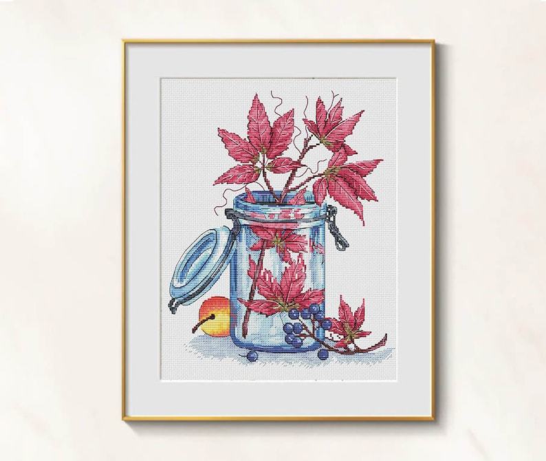 Primary image for Wild Grapes cross stitch autumn pattern pdf - Autumn leaves embroidery bouquet