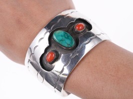6.5&quot; Vintage Navajo Stamped silver shadowbox bracelet with turquoise and coral - £356.97 GBP