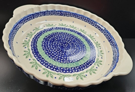 Boleslawiec Polish Pottery Pie Dish Handles Floral Blue Green Leaves Bake Quiche - £43.40 GBP