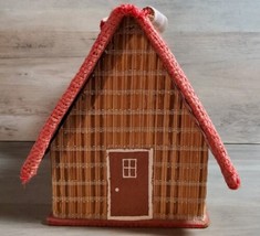 Vintage Woven Wood House Sewing Kit Box Holder Japan Lift up Roof w/ Han... - $32.39