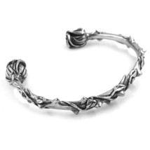 Twin Rose Cuff Bracelet Womens Silver Stainless Steel Garden Flower Vine Bangle - £29.31 GBP