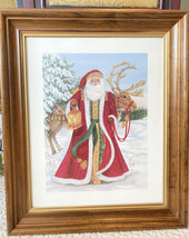 Woodland Santa Christmas Art Print Nadine Harper Wood Framed Deer Lantern - £39.32 GBP