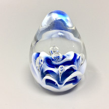 Blue and White Swirl and Bubble Glass Egg Paperweight - £31.97 GBP