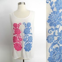Francesca&#39;s size LARGE floral embroidery sheer white sleeveless blouse t... - £5.56 GBP