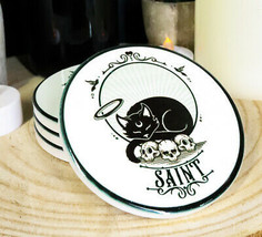 Halo Black Cat Saint And Skulls Ceramic Coaster Set of 4 Tiles With Cork Backing - £23.24 GBP