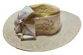 WHITTALL &amp; SHON Hat Straw Cream And White With Large Bow &amp; Chin Strap. Wide Brim - £21.13 GBP