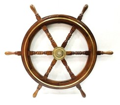 Antique Wooden Maritime Decor 24&quot; Inch Captains Ship wheel Brass Ring Wall Hangi - £79.36 GBP