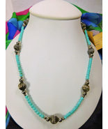 Artisan Made Green Czech Glass &amp; Silver Bead Necklace 20&quot; w/Sterling Hoo... - £3.98 GBP