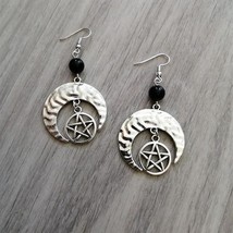 crescent moon protective pentagram Earring beads onyx black witchy wicca pagan m - £8.19 GBP