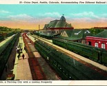 Vtg Postcard Pueblo Colorado Union Railroad Passenger Depot 3 Sets of Tr... - £9.48 GBP