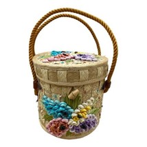Vintage Rattan Purse Straw With Flowers Hand Woven Round Retro - £19.55 GBP