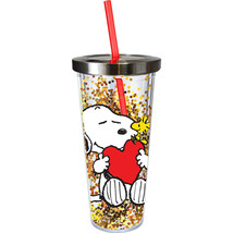 Snoopy Woodstock 21373 Holding Heart Glitter Tumbler Cup w/ Straw 20 oz - £20.13 GBP
