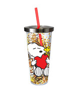 Snoopy Woodstock 21373 Holding Heart Glitter Tumbler Cup w/ Straw 20 oz - $25.74