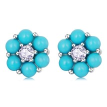 Pure 925 Sterling Silver Natural Flower Turquoise Stud Earrings For Women s925 S - £16.99 GBP