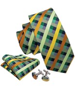 Green, Bronz, &amp; Gold Cross-Striped Necktie, Hanky, and Cufflinks - $349.95 MXN