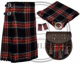 Scottish 8 Yard Traditional Black Stewart Kilts &amp; Matching Accessories - £55.94 GBP+