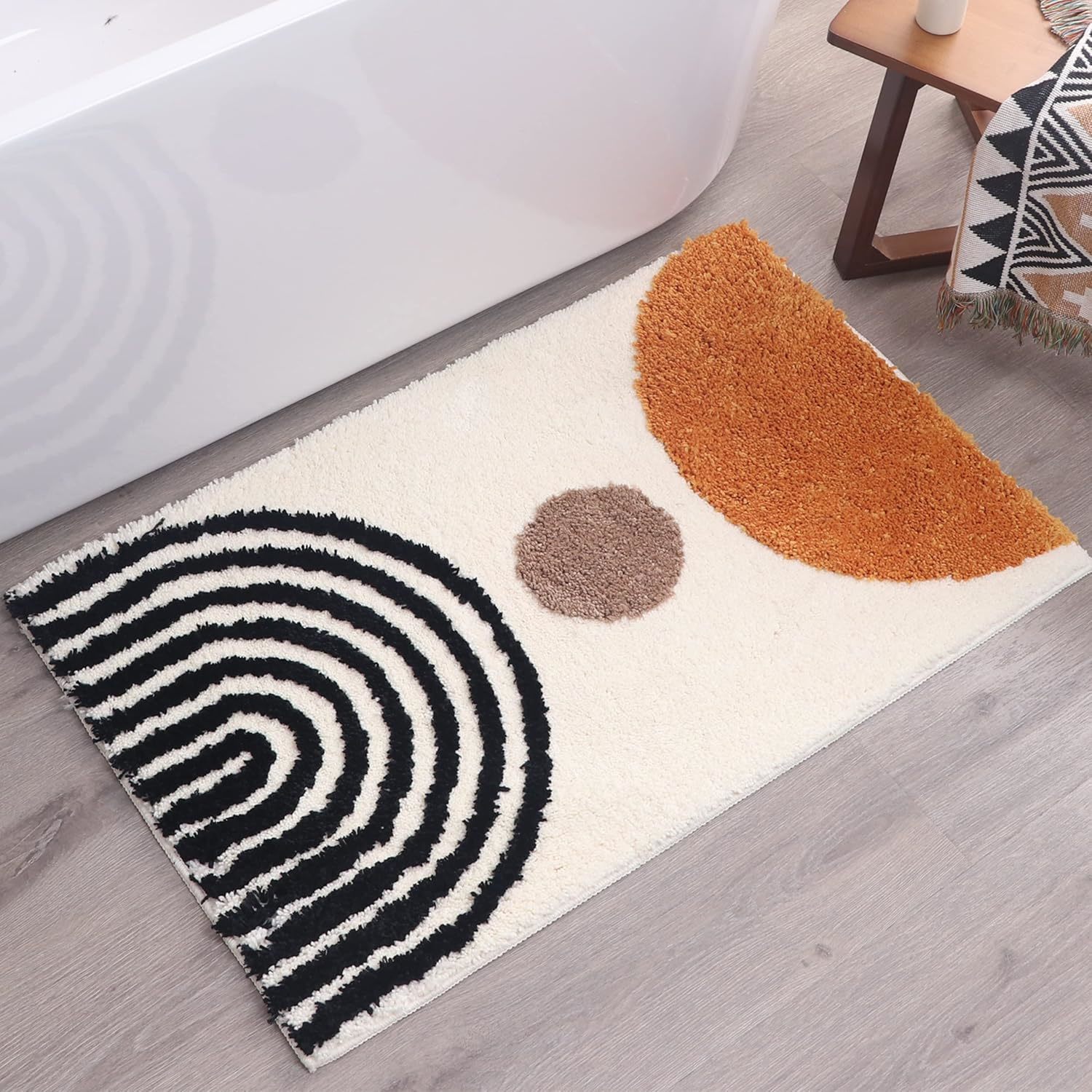Abstract Rug Beige Boho Bathroom Mat - White Geometric Bath Rugs - Mustard Mid C