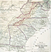 1916 Map South Atlantic States Physical Political Virginia NC SC GA FLA ... - $29.99