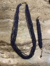 Thin Multi Strand Seed Bead Necklace &amp; Amazing Bracelet Blue And Gold Braided - £14.93 GBP
