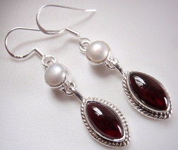 Garnet Pearl with Rope Style Accents 925 Sterling Silver Dangle Earrings h120a - $21.59